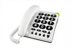 A white telephone with large black contrasting keys and large white text on the number keys.
