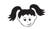 A smiling cartoon girls face, her hair is black with a fringe and is in bunches. This is Abi