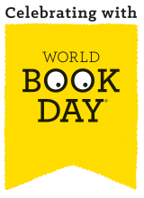 Celebrating World Book Day logo black text on gold banner