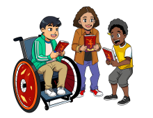 WBD illustration of 3 children 2 standing and one in a wheelchair with books in hand