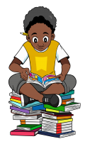 WBD illustration of a boy sat on a pile of books reading