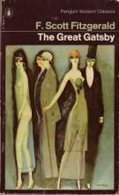 book cover of ' The Great Gatsby', 4 elongated styilised people, dressed in 1920's style dress, the man on the left in evening dress with top hat