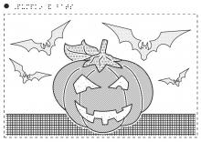 Halloween tactile image of pumpkin with scary face and flying bats