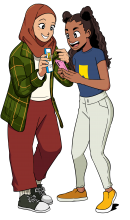 WBD illustration of 2 young women looking at their smart phones
