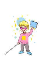 WBD illustration of a young boy with a guiding stick and dark glasses