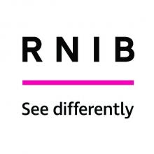 RNIB Logo, black text on white background, cyan horizontal line 'See Differently' in text