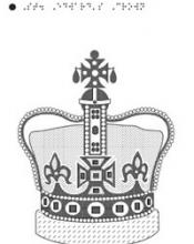 Tactile image of St Edwards crown, shown from the side with made of gold with precious stone inset to the crosses and fleur-de-lis shapes on it, it has a velvet cap with an ermine band