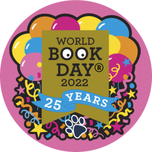 World Book Day in text 'celebrating 25 years' surrounded by balloons and party streamers