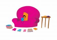 World book day cartoon book character sitting in a big pink armchair reading a book, lots of books are around the chair on the floor