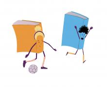 Two World book day cartoon book characters kicking a football between them at their feet