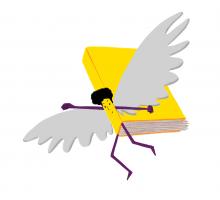 World Book Day cartoon book character with wings outstretched