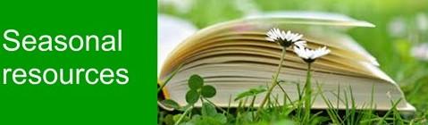 'Seasonal Resources' image of book amongst grass and daisy flowers