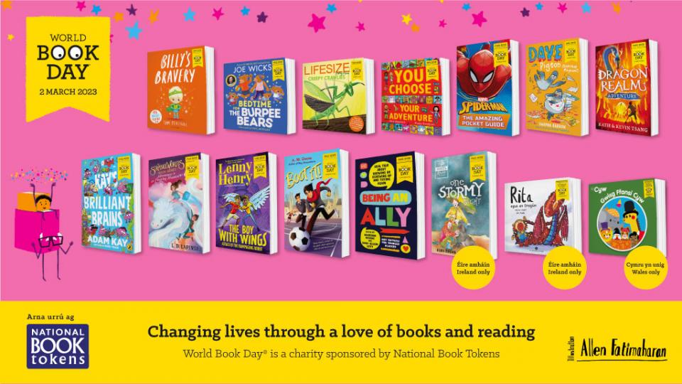 World Book Day  and  Book Tokens logos and book characters with text 'Changing lives through a love of books and reading