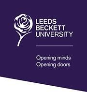 White rose and text on a dark blue background. Text reads 'Leeds Beckett University'  and strap line 'Opening minds Opening doors'