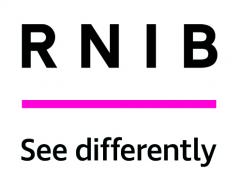 RNIB logo. 'RNIB' and 'See differently' as text, thick cereise horzonal line separating  the text