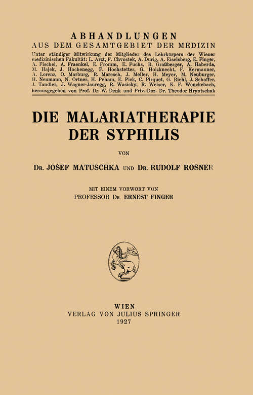 Book cover of Die Malariatherapie der Syphilis (1927)