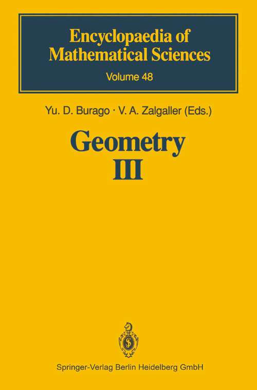Book cover of Geometry III: Theory of Surfaces (1992) (Encyclopaedia of Mathematical Sciences #48)