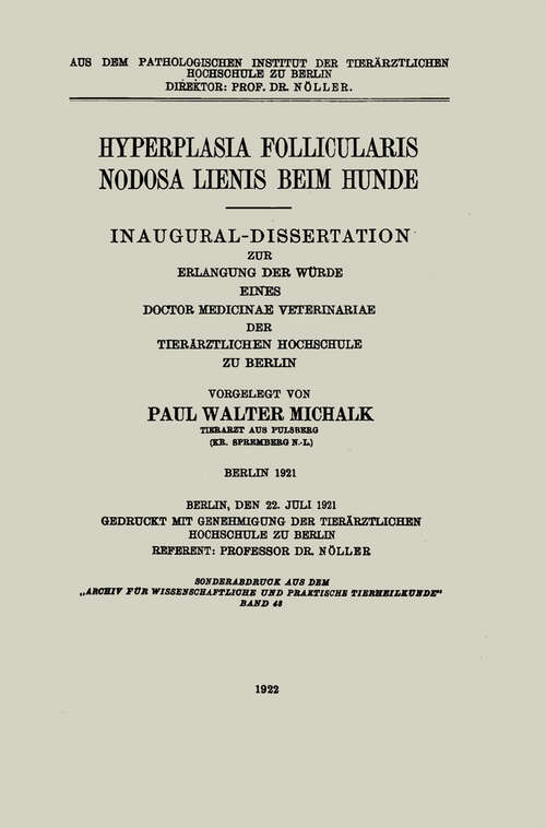 Book cover of Hyperplasia Follicularis Nodosa Lienis beim Hunde (1922)