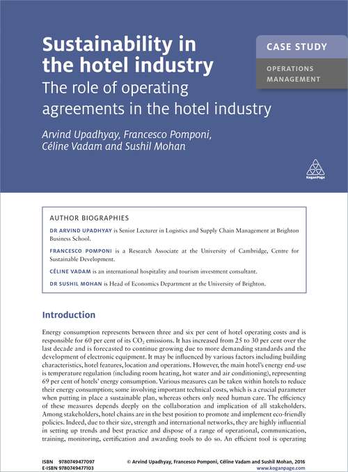 Book cover of Case Study: The Role of Operating Agreements in the Hotel Industry (Kogan Page Case Study Library)