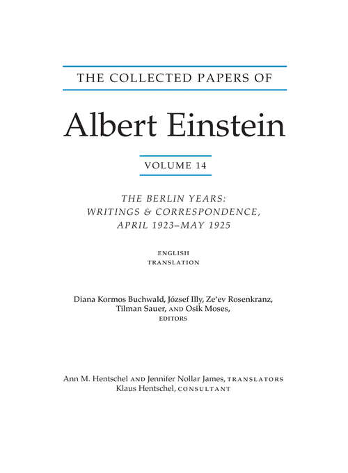 Book cover of The Collected Papers of Albert Einstein, Volume 14 (English): Writings & Correspondence, April 1923–May 1925 (English Translation Supplement)