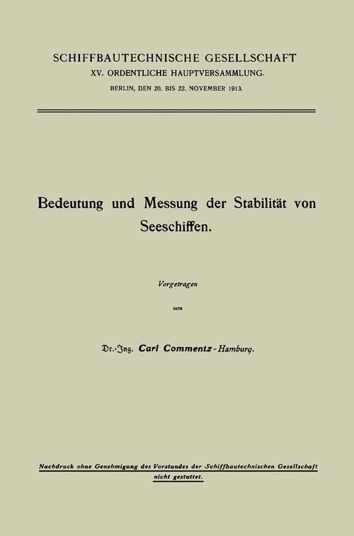 Book cover of Bedeutung und Messung der Stabilität von Seeschiffen (1913)