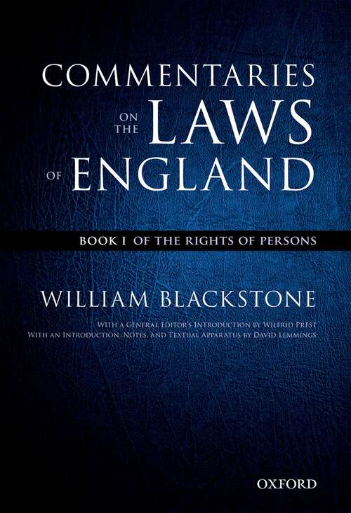 Book cover of The Oxford Edition of Blackstone's: Book I: Of the Rights of Persons