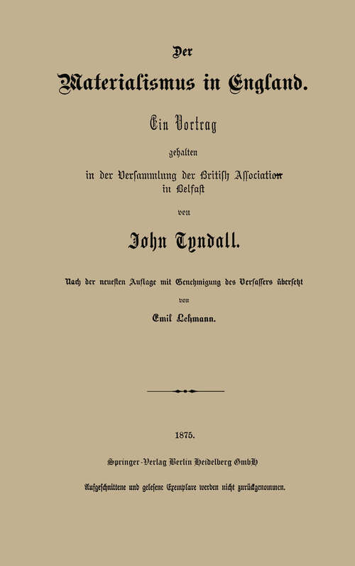 Book cover of Der Materialismus in England: Ein Vortrag gehalten in der Versammlung der British Association in Belfast (1875)