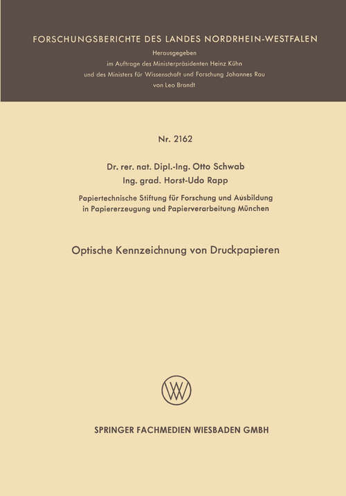 Book cover of Optische Kennzeichnung von Druckpapieren (1. Aufl. 1970) (Forschungsberichte des Landes Nordrhein-Westfalen)