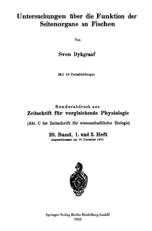 Book cover of Untersuchungen über die Funktion der Seitenorgane an Fischen (1933)