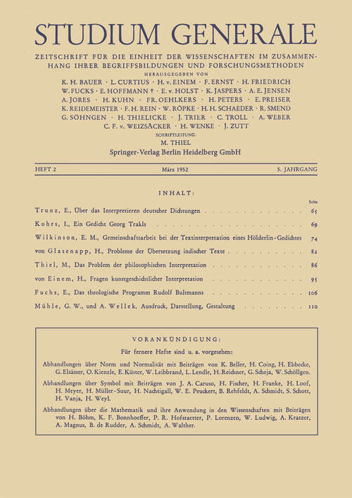 Book cover of Studium Generale: Zeitschrift für die Einheit der Wissenchaften im Zusammenhang Ihrer Begriffsbildungen und Forschungmethoden (1952)