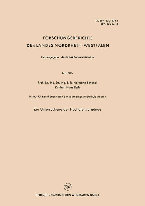 Book cover of Zur Untersuchung der Hochofenvorgänge (1959) (Forschungsberichte des Landes Nordrhein-Westfalen #706)
