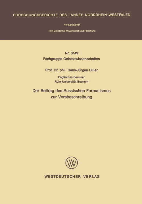 Book cover of Der Beitrag des Russischen Formalismus zur Versbeschreibung (1982) (Forschungsberichte des Landes Nordrhein-Westfalen)