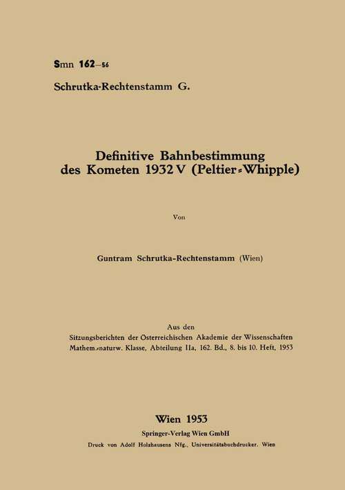 Book cover of Definitive Bahnbestimmung des Kometen 1932V (Peltier-Whipple) (1953)