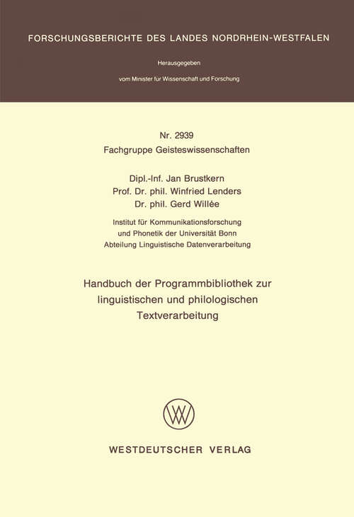 Book cover of Handbuch der Programmbibliothek zur linguistischen und philologischen Textverarbeitung (1981) (Forschungsberichte des Landes Nordrhein-Westfalen #2939)