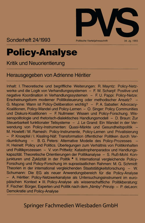 Book cover of Policy-Analyse: Kritik und Neuorientierung (1993) (Politische Vierteljahresschrift Sonderhefte #24)