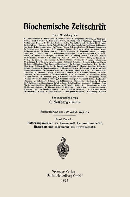 Book cover of Fütterungsversuch an Ziegen mit Ammoniumacetat, Harnstoff und Hornmehl als Eiweißersatz (1925)