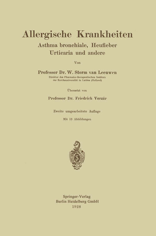Book cover of Allergische Krankheiten: Asthma bronchiale, Heufieber Urticaria und andere (2. Aufl. 1928)