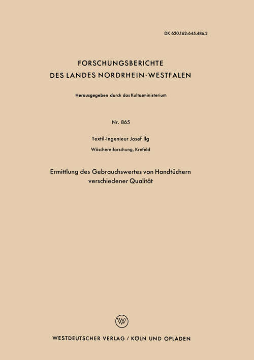 Book cover of Ermittlung des Gebrauchswertes von Handtüchern verschiedener Qualität (1960) (Forschungsberichte des Landes Nordrhein-Westfalen #865)