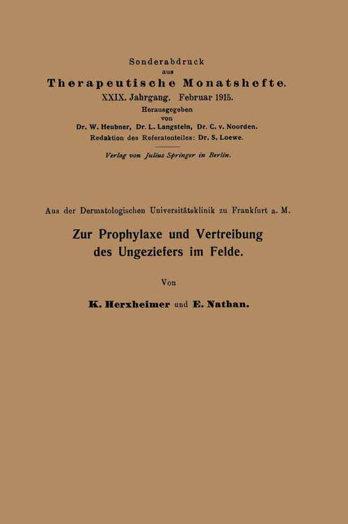 Book cover of Zur Prophylaxe und Vertreibung des Ungeziefers im Felde (1915)