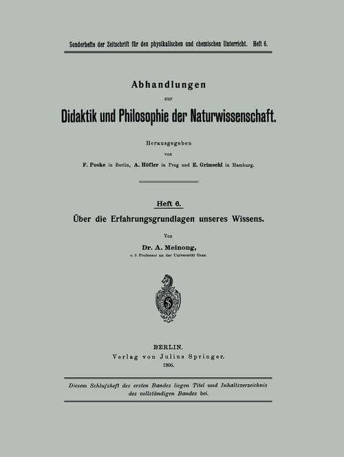 Book cover of Über die Erfahrungsgrundlagen unseres Wissens (1906) (Abhandlungen zur Didaktik und Philosophie der Naturwissenschaft #6)