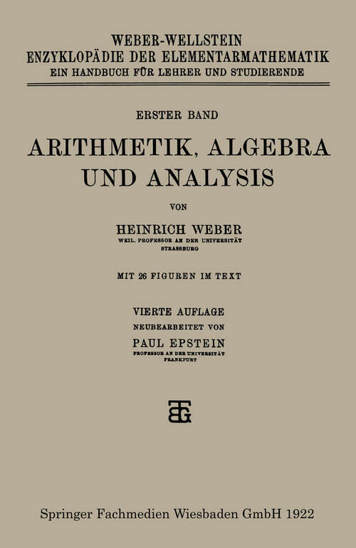 Book cover of Arithmetik, Algebra und Analysis (4. Aufl. 1922)