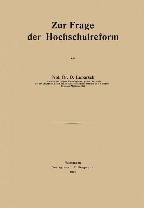 Book cover of Zur Frage der Hochschulreform (1919)