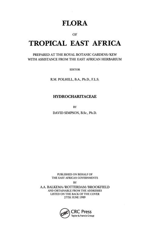 Book cover of Flora of Tropical East Africa - Hydrocharitaceae (1989)