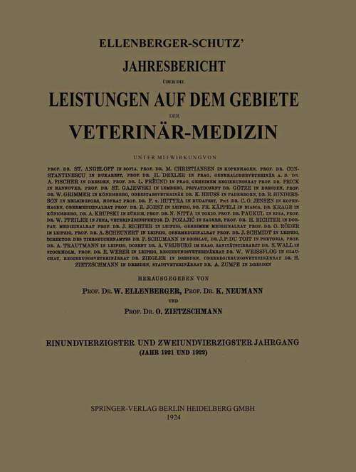 Book cover of Ellenberger-Schütz’ Jahresbericht über die Leistungen auf dem Gebiete der Veterinär-Medizin (1924)
