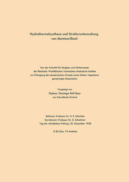 Book cover of Hydrothermalsynthese und Strukturuntersuchung von Montmorillonit (1960)