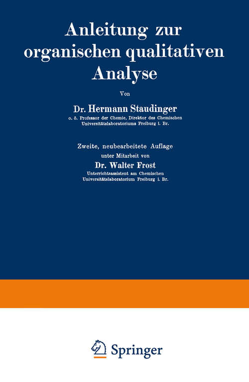 Book cover of Anleitung zur organischen qualitativen Analyse (2. Aufl. 1929)