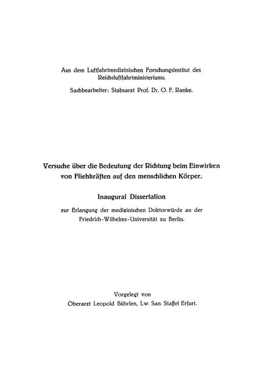 Book cover of Versuche über die Bedeutung der Richtung beim Einwirken von Fliehkräften auf den menschlichen Körper (1937) (Luftfahrtmedizin)