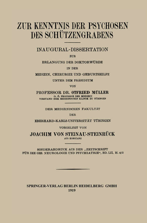 Book cover of Zur Kenntnis der Psychosen des Schützengrabens (1919)