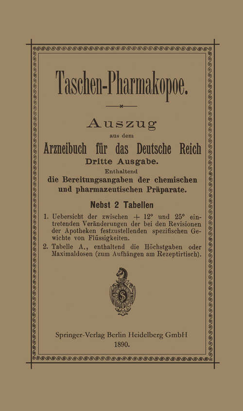 Book cover of Taschen-Pharmakopoe: Auszug aus dem Arzneibuch für das Deutsche Reich (3. Aufl. 1890)