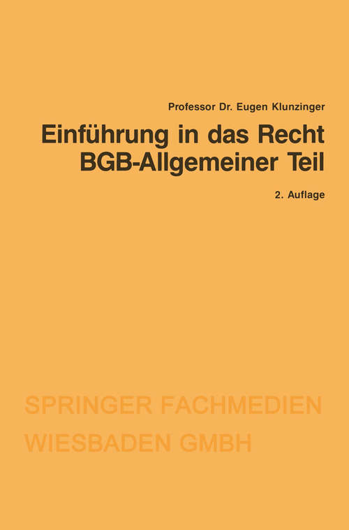 Book cover of Einführung in das Recht BGB-Allgemeiner Teil (2. Aufl. 1989) (Gabler-Studientexte)